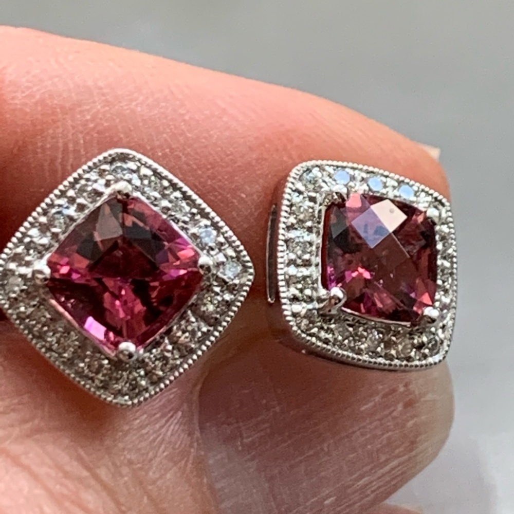 NEW 14KW Pink Tourmaline/Dia. Halo Post Earrings